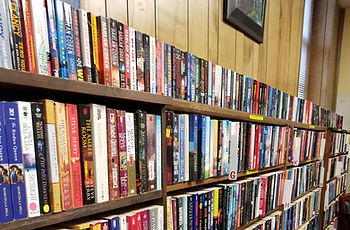 Bookshelves filled with various novels, spines visible, wooden background, indoor setting.