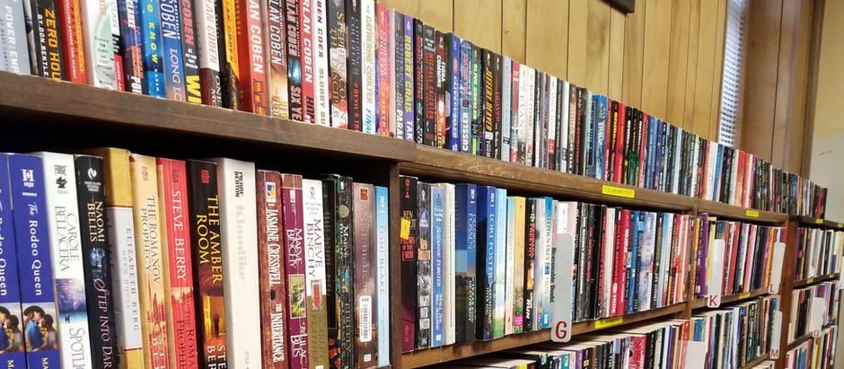 Book shelves filled with colorful books