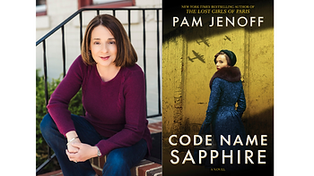 Author Pam Jenoff sits next to her book Code Name Sapphire, a novel.