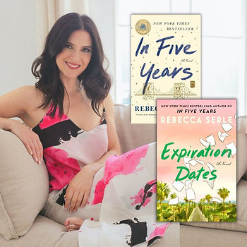 Rebecca Serle sits with two books: In Five Years and Expiration Dates.