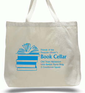 White canvas tote bag with blue lettering for the Friends of the Fauquier Library's Book Cellar
