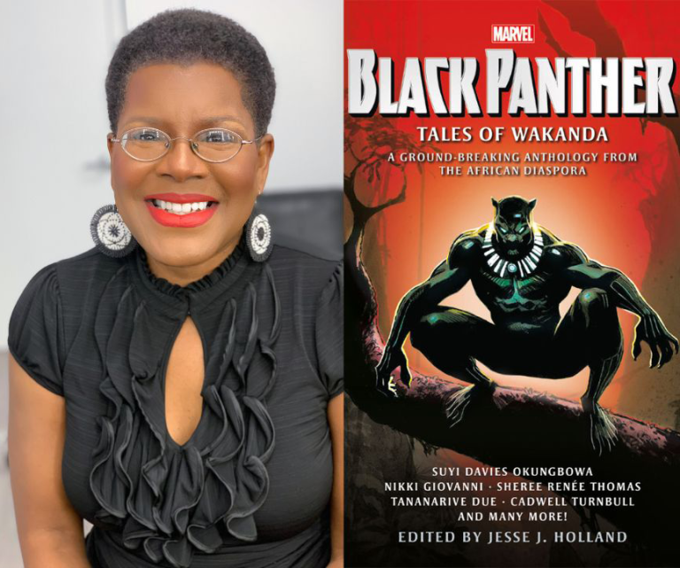 Author smiles next to Black Panther book: Tales of Wakanda. KICKSTART YOUR SUMMER OF FUN WITH NEW AUTHOR TALKS!