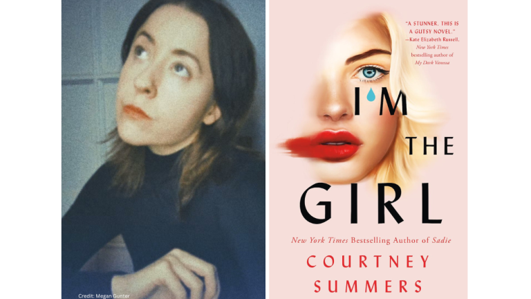 Woman looking up next to the book cover of I'm the Girl by Courtney Summers