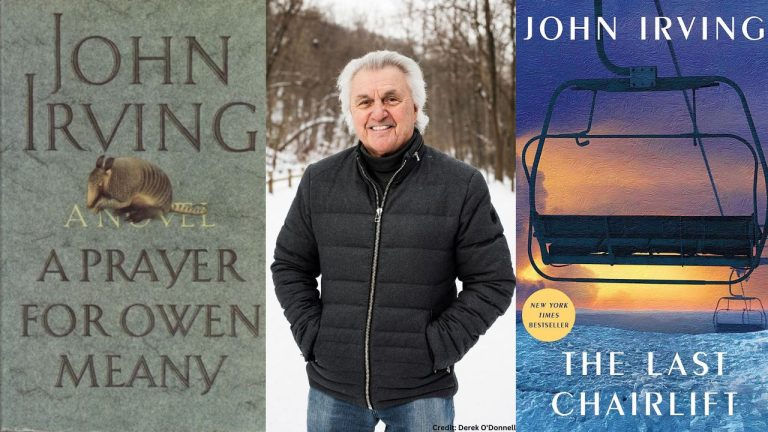 John Irving poses with his books: 'A Prayer for Owen Meany' and 'The Last Chairlift'.