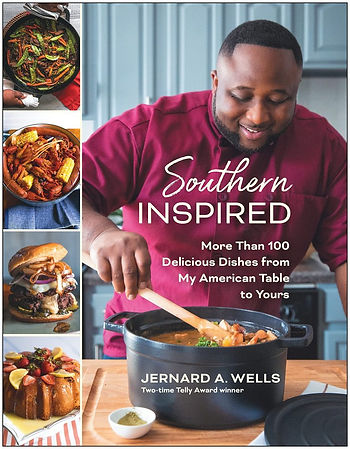 Chef, cookbook cover: Southern Inspired, recipes by Jernard A. Wells, and delicious dishes.