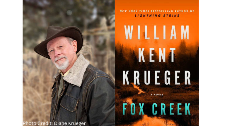 William Kent Krueger smiles next to his book Fox Creek, New York Times Bestseller.