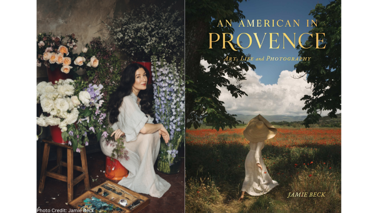 Woman with flowers and book cover: