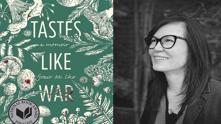 Author Grace M. Cho smiles next to her book Tastes Like War, National Book Award Finalist.