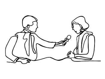 Line drawing of a reporter interviewing a woman with a microphone.
