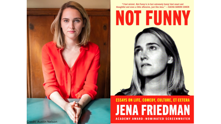 Jena Friedman in a red shirt next to her book, Not Funny, Essays on Life.