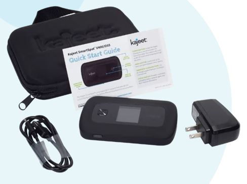 Black mobile hotspot device, case, and accessories with WiFi, Quick Start Guide.